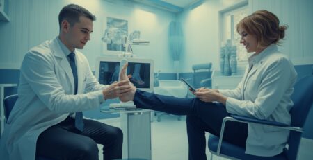 A professional chiropodist in a modern Scarborough clinic examining a patient’s foot and explaining how custom orthotics can relieve flat feet and foot pain.