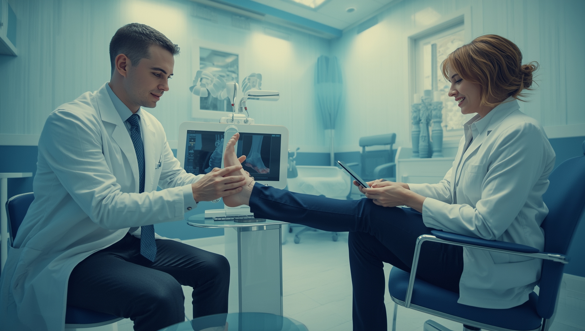 A professional chiropodist in a modern Scarborough clinic examining a patient’s foot and explaining how custom orthotics can relieve flat feet and foot pain.