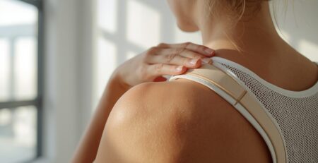 Person adjusting a physiotherapy shoulder brace for shoulder pain support in Scarborough clinic
