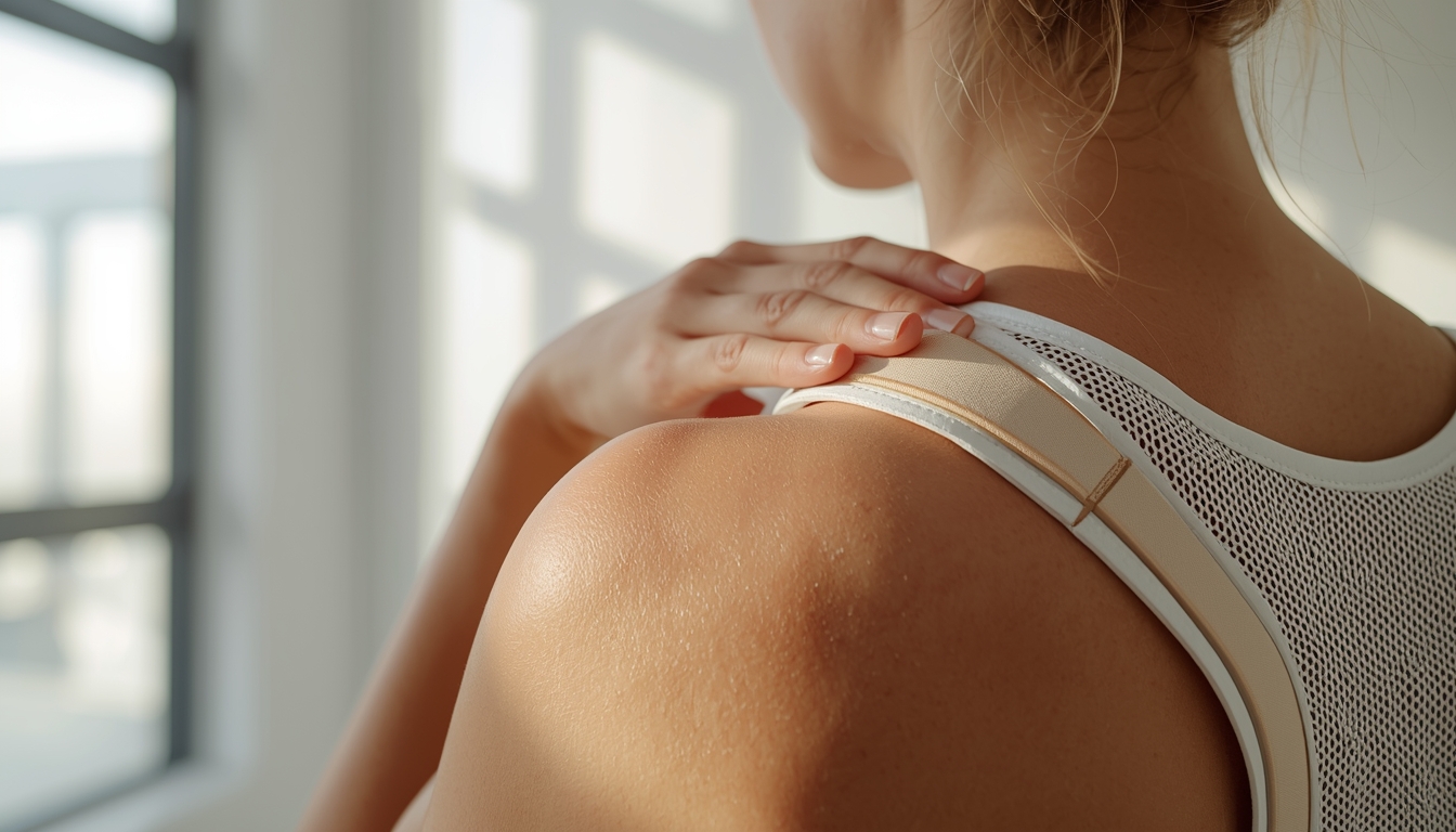 Person adjusting a physiotherapy shoulder brace for shoulder pain support in Scarborough clinic